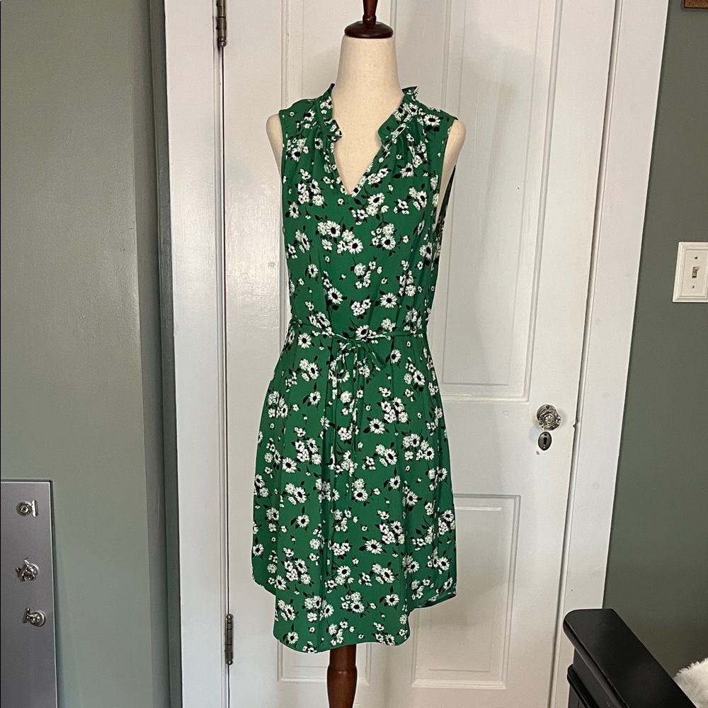 Market & Spruce Green Floral Ruffled Neck Tie-Waist Mini Dress